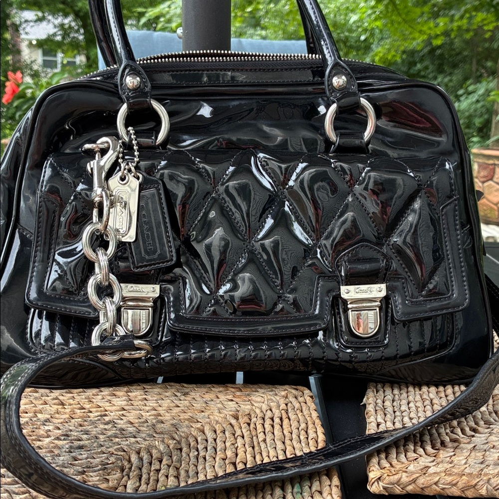 Coach Black Patent Quilted Satchel with Silver Hardware